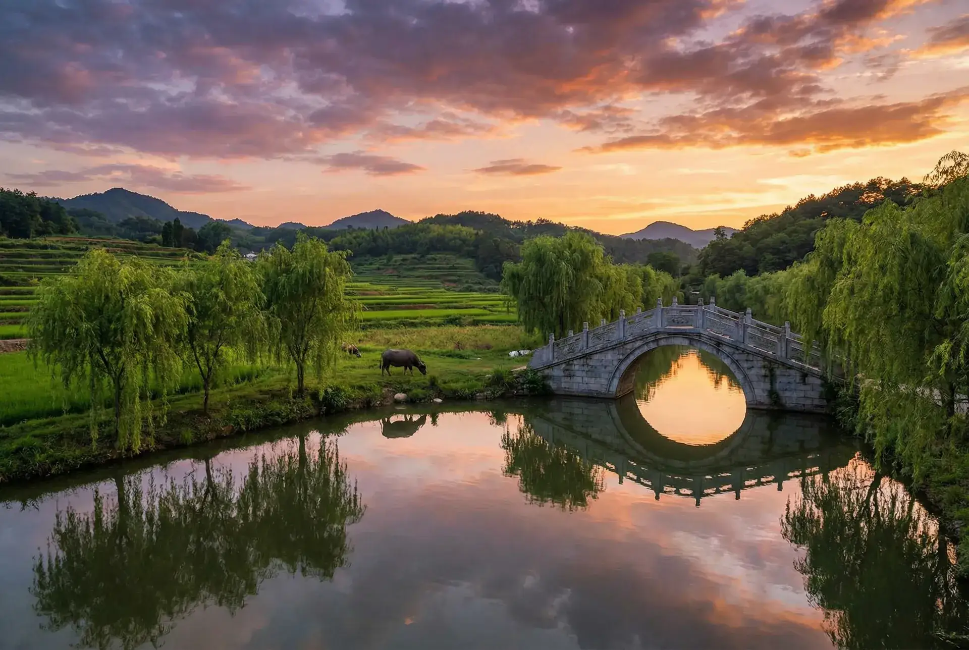 夕阳下的石拱桥与垂柳，水牛在河边吃草 - 最近中文字幕在线视频看 乡村美景